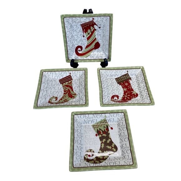 Set Of 4 222 Fifth Porcelain Square Holiday Plates With Christmas Stocking Desig - Picture 2 of 4